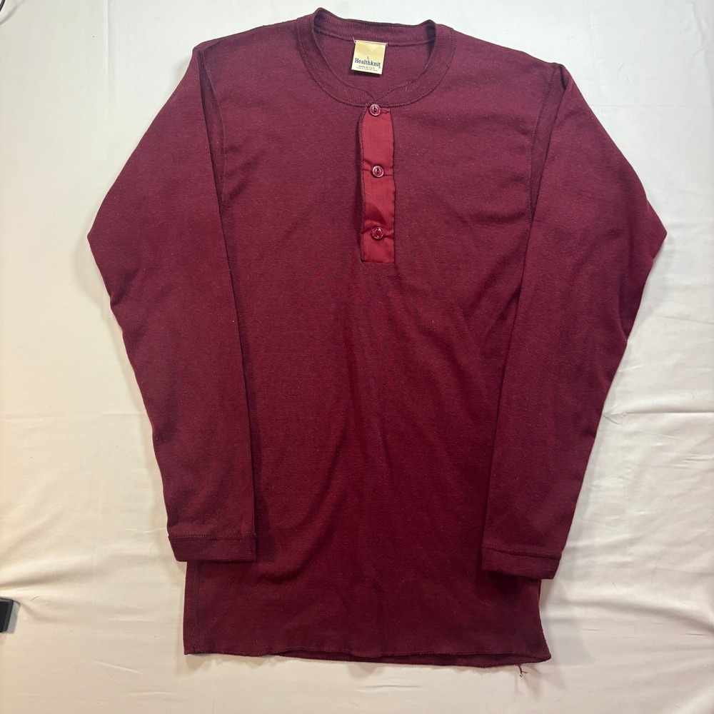 Vintage Healthknit Henley Shirt Mens Large Burgundy Long Sleeve Made in USA L